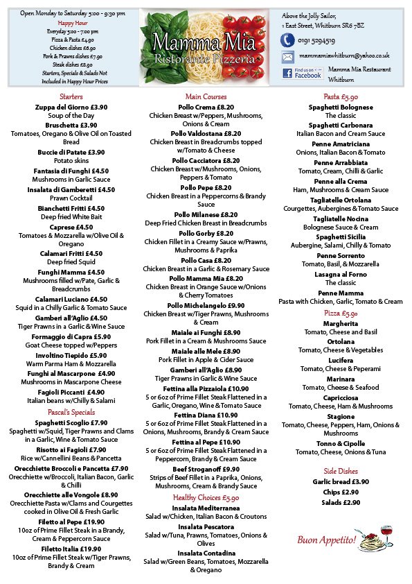 Mamma Mia Restaurant East Street Whitburn South Tyneside SR6 7BZ New Menu Mamma Mia Restaurant East Street Whitburn South Tyneside SR6 7BZ New Menu