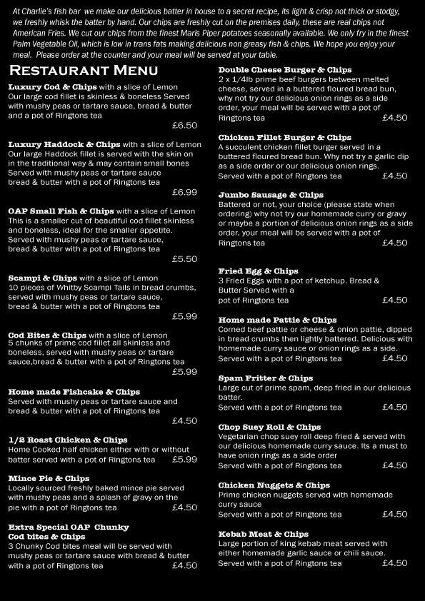 Charlie's Fish Bar East Smithy Street South Shields NE33 1BT Menu 2