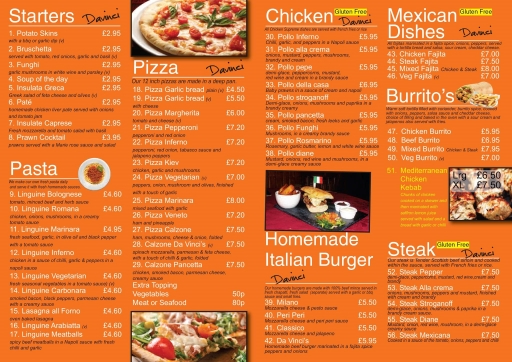 Da Vinci's Italian Restaurant Ocean Road South Shields Takeaway Menu 1 Da Vinci's Italian Restaurant Ocean Road South Shields Takeaway Menu 1