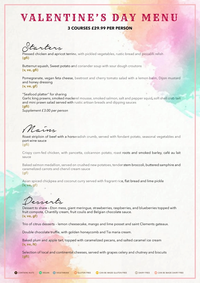 The Stables Bar & Restaurant St Valentine's Day Menu
