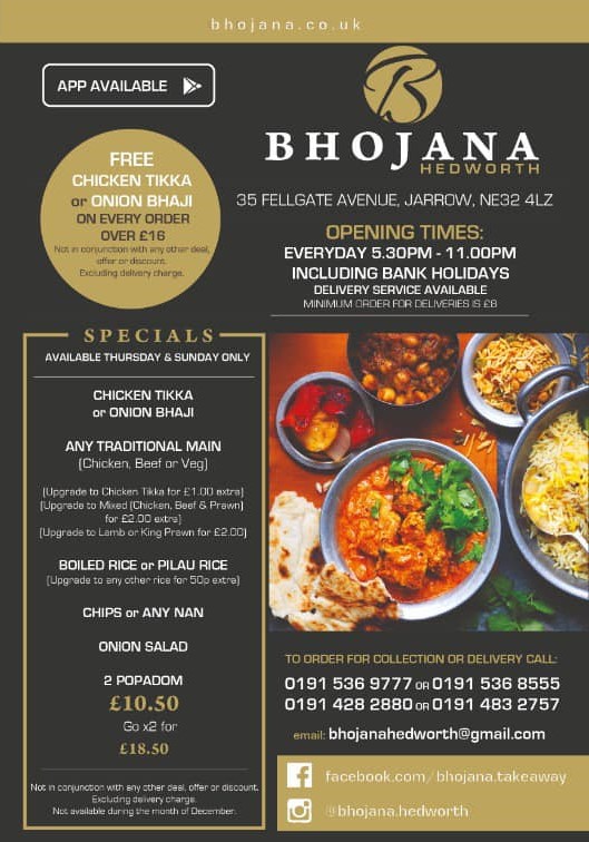 Bhojana Hedworth Fellgate Avenue Hedworth Jarrow South Tyneside NE32 4LZ Menu