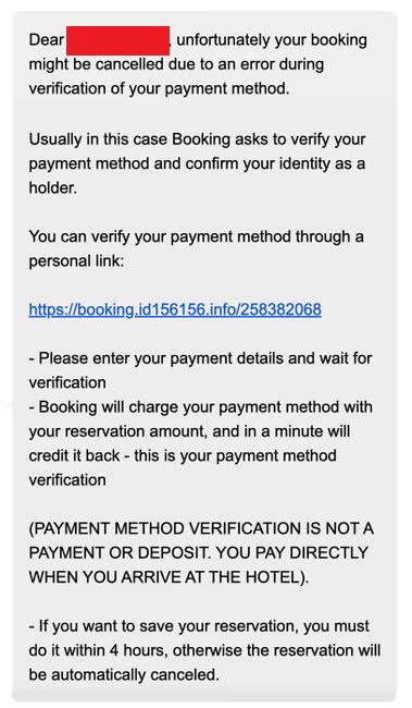 Booking.com Website Hack Message 1