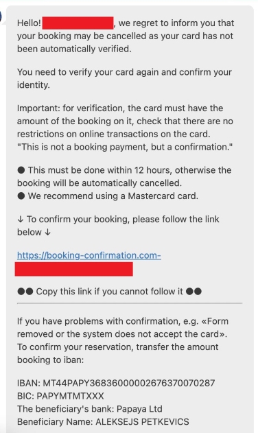 Booking.com Website Hack Message 4