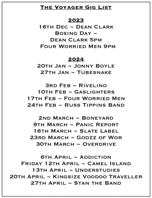 The Voyager 145 Anderson Street South Shields NE33 2RJ Gig List
