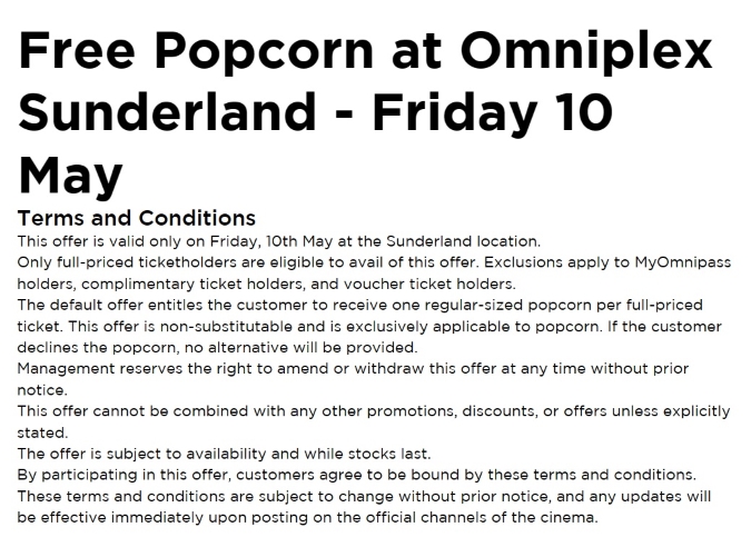 Omniplex Cinema Sunderland 4 Lambton Street Sunderland SR1 1TP Free Popcorn Offer