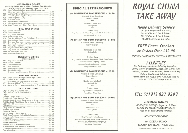 Royal China Takeaway 87 Ocean Road South Shields Menu