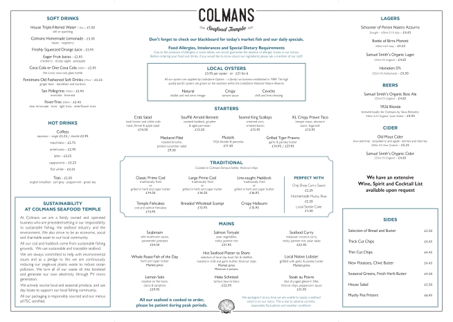 Colmans Seafood Temple Sea Road South Shields NE33 2LD November 2024 Menu