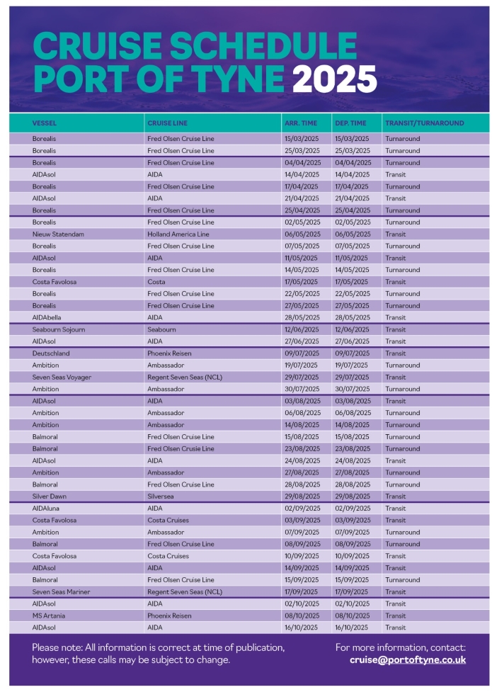Port of Tyne Cruise Schedule 2025